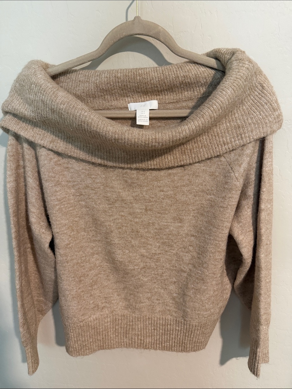 H&M Taupe Off-the-Shoulder Fold-Over Sweater